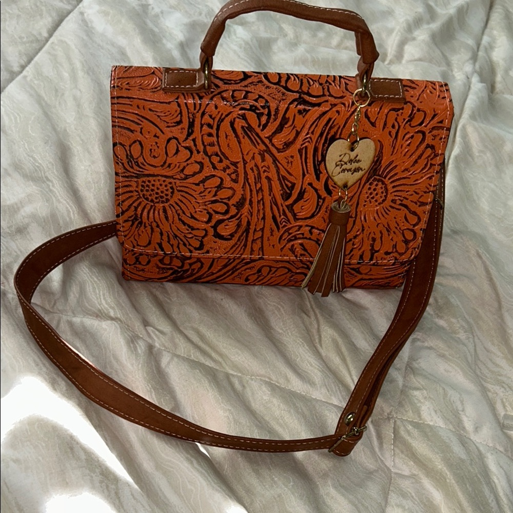 Orange and Brown Embossed Leather Crossbody Bag